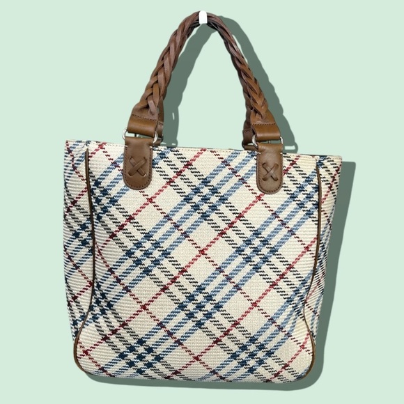 Burberry Blue Label Check Tote Bag – Braided Leather Handles - Rare - Picture 1 of 9